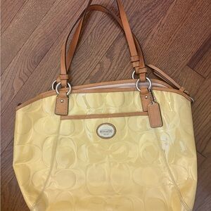 Coach Glossy Yellow and Tan Tote Bag